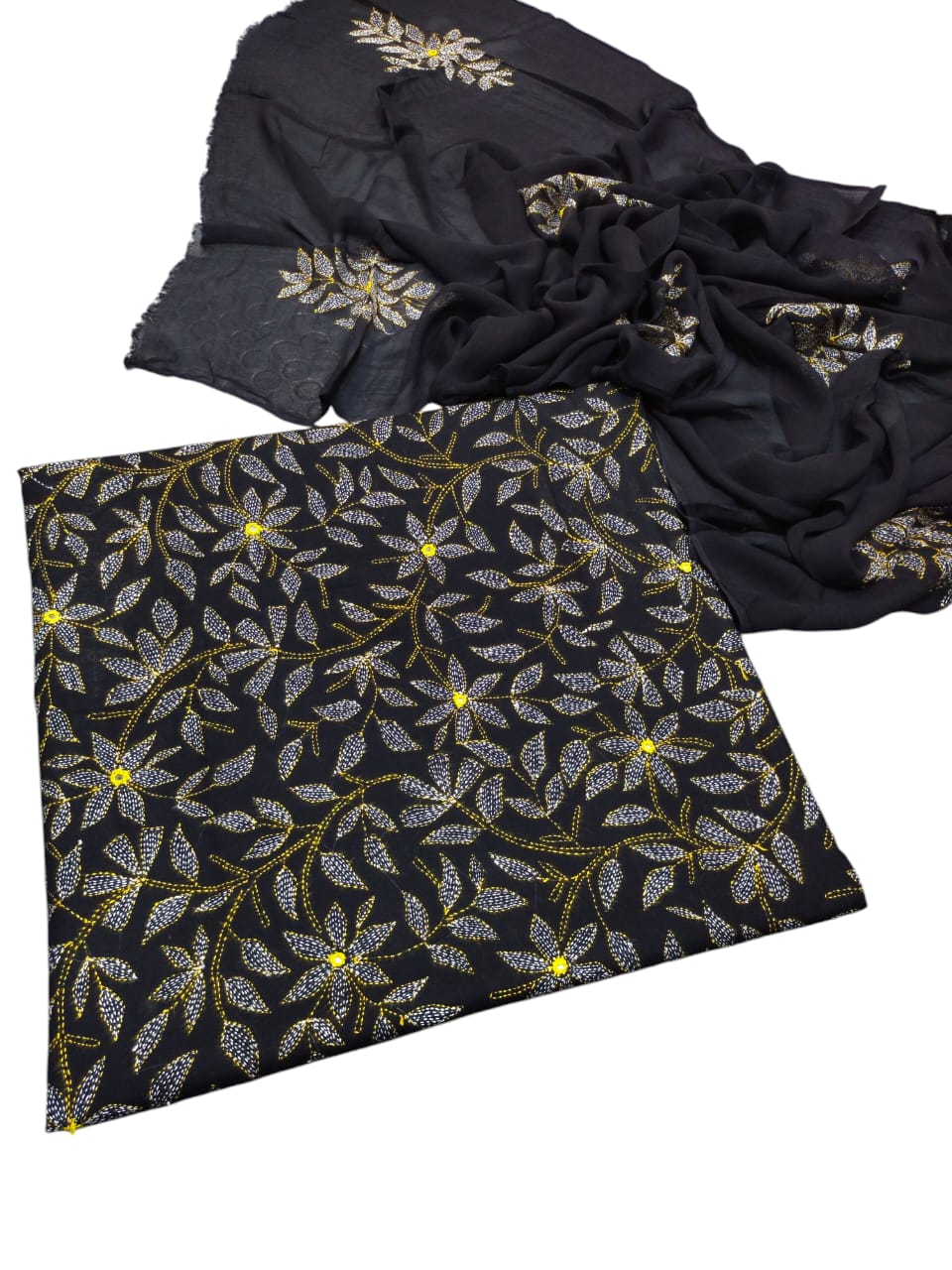 Black colour Hand made kacha jaal +mirror work collection 3pc suit (shirt dupata & trouser)