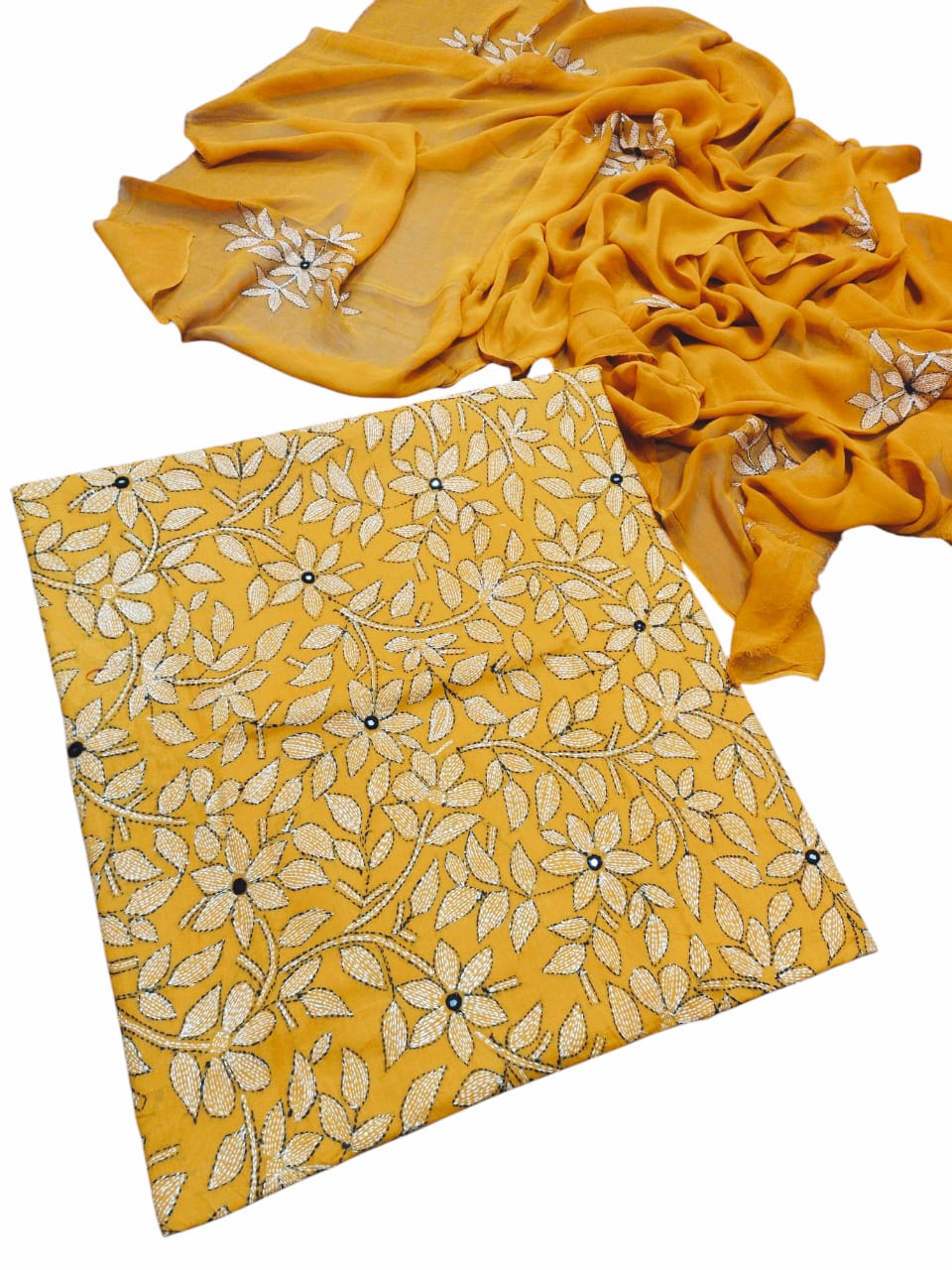 Yellow colour Hand made kacha jaal +mirror work collection 3pc suit (shirt dupata & trouser)