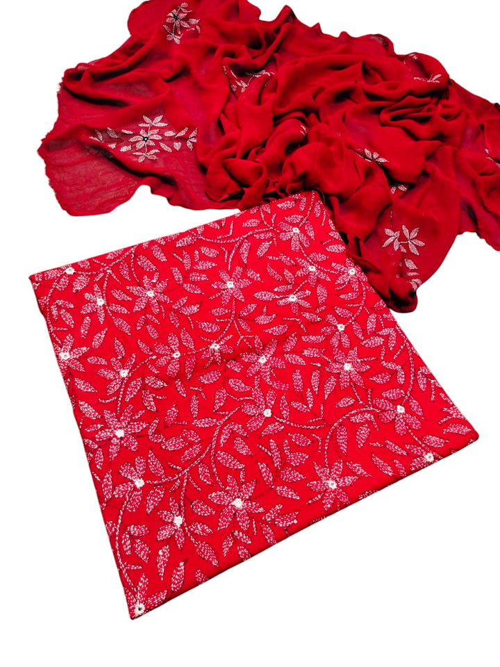 Red colour Hand made kacha jaal +mirror work collection 3pc suit (shirt dupata & trouser)