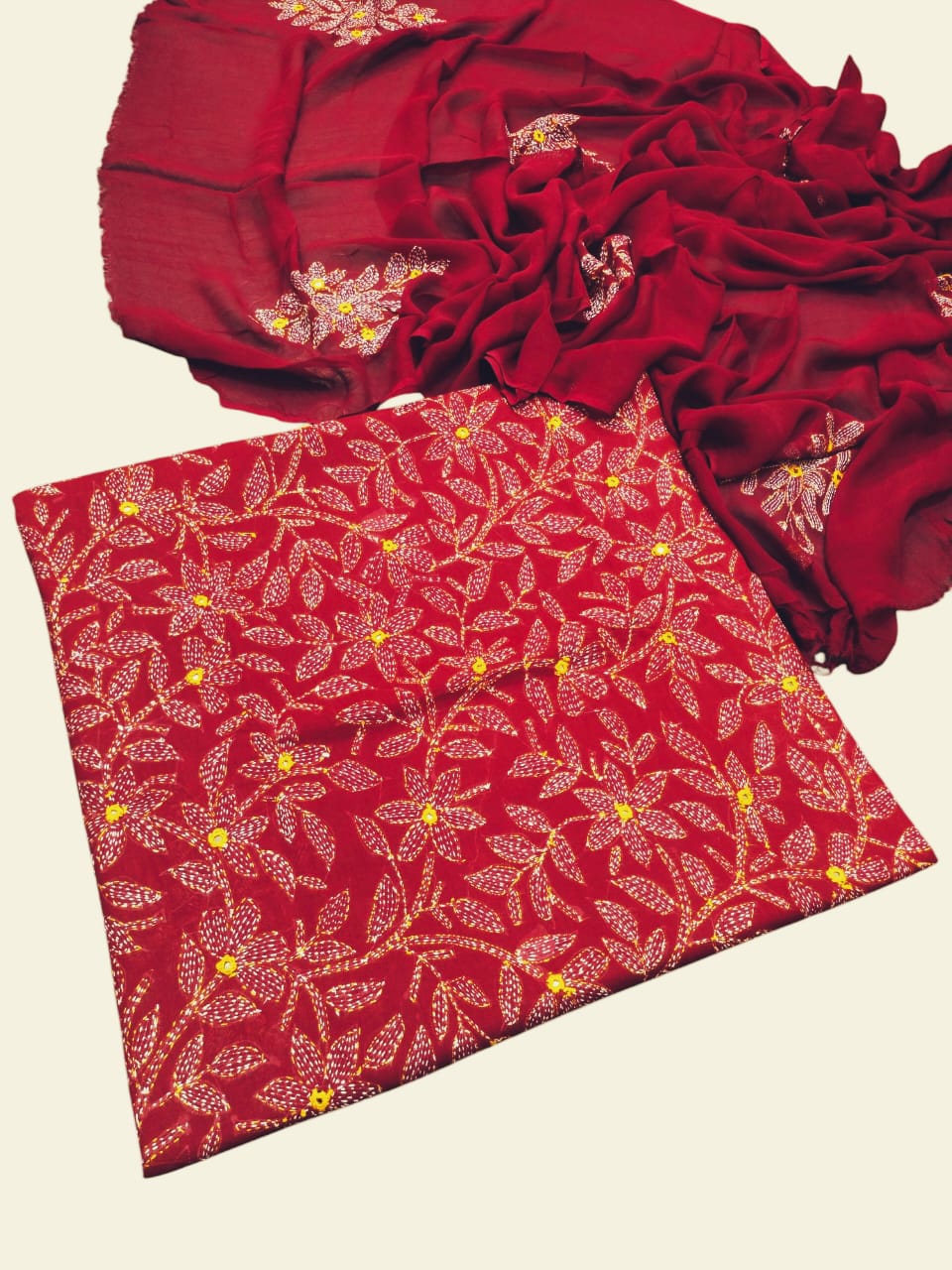 Red  colour Hand made kacha jaal +mirror work collection 3pc suit (shirt dupata & trouser)