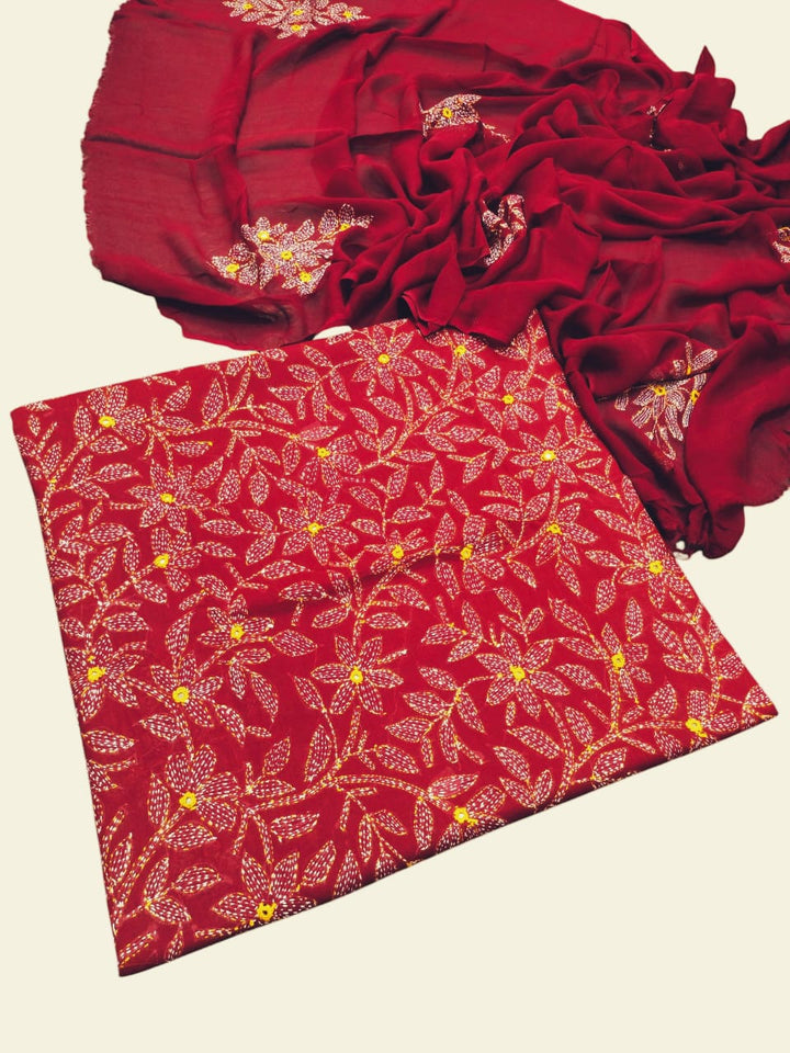 Red  colour Hand made kacha jaal +mirror work collection 3pc suit (shirt dupata & trouser)