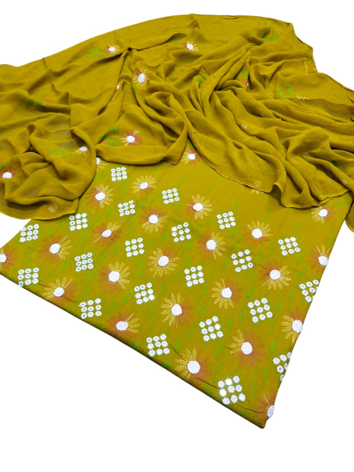 Olive green colour Lawn kacha boor mirror work collection shirt dupata & trouser (3pc)