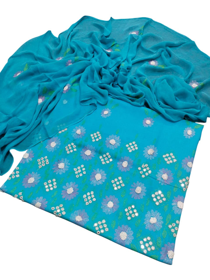 Teal colour Lawn kacha boor mirror work collection shirt dupata & trouser (3pc)