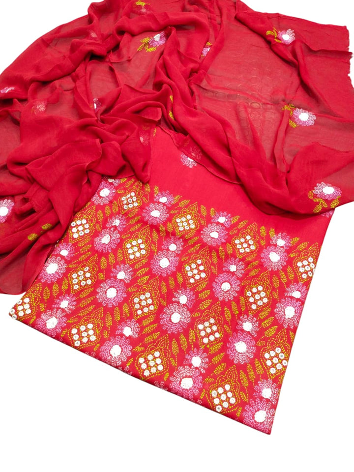 Red colour Lawn kacha boor mirror work collection shirt dupata & trouser (3pc)