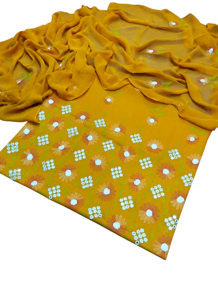 Goldn yellow colour Lawn kacha boor mirror work collection shirt dupata & trouser (3pc)