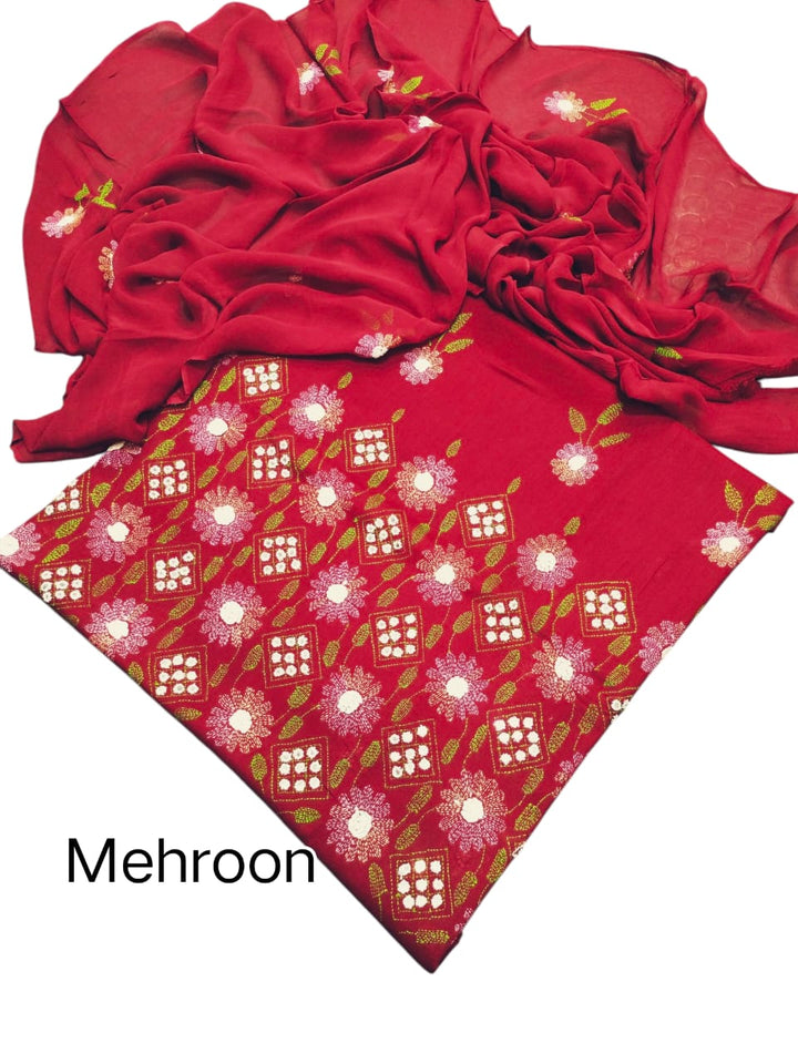 Mehroon colour Lawn kacha boor mirror work collection shirt dupata & trouser (3pc)