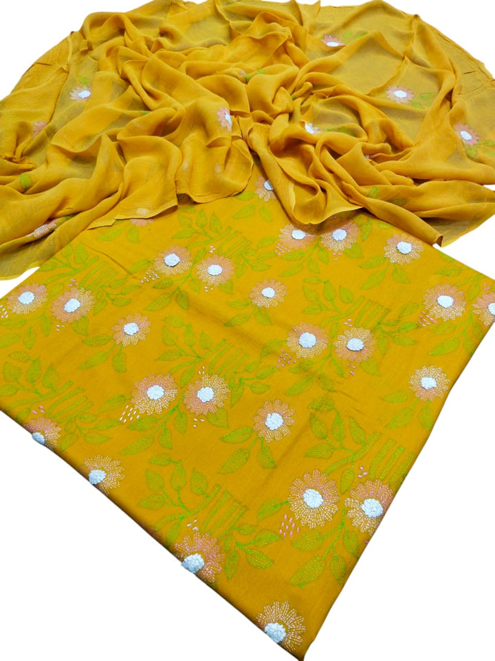 Mustard yellow colour Lawn kacha boor mirror work collection shirt dupata & trouser (3pc)