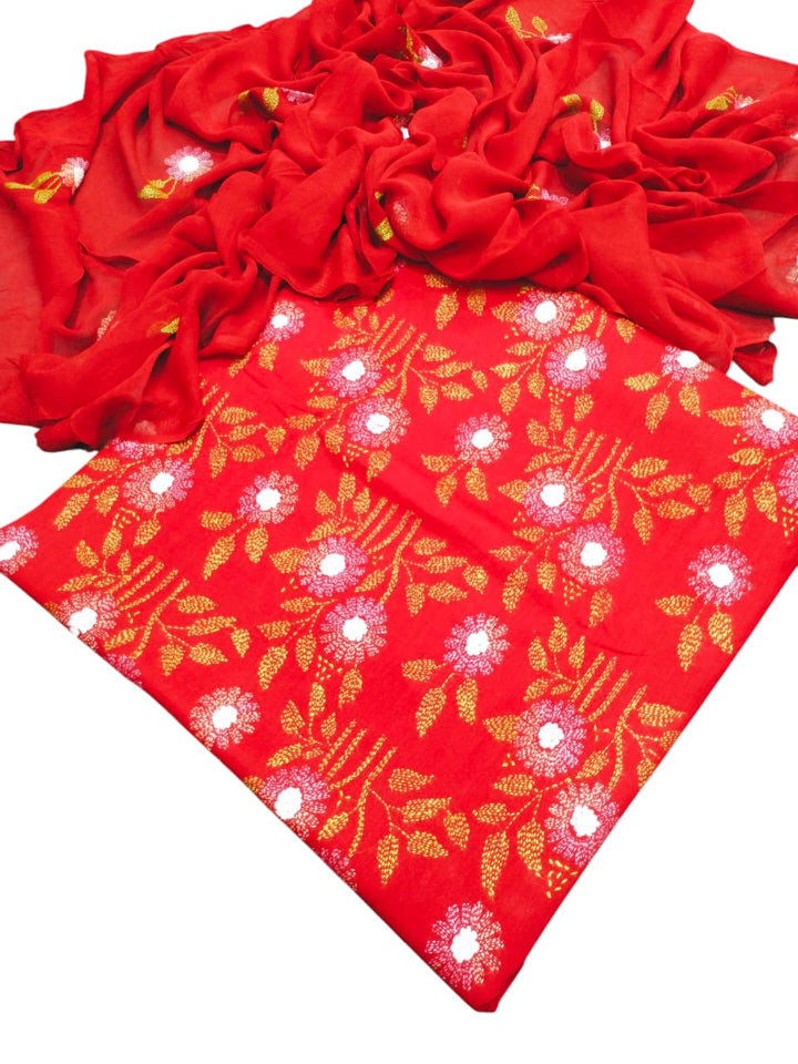 Red colour Lawn kacha boor mirror work collection shirt dupata & trouser (3pc)