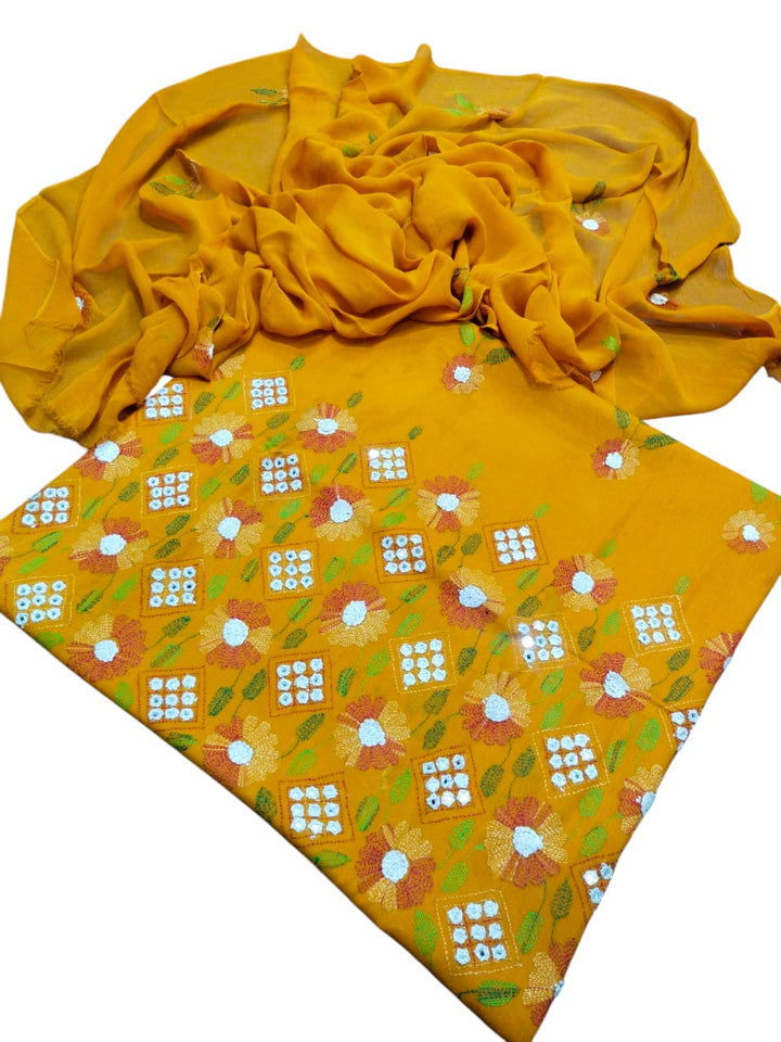 Mustard yellow colour Lawn kacha boor mirror work collection shirt dupata & trouser (3pc)