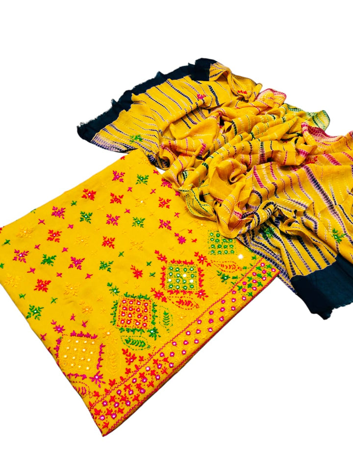 Yellow colour Handmade sindhi boti chawal tanka work collection with tye n dye dupata 3pc suit (shirt dupata &  trouser)