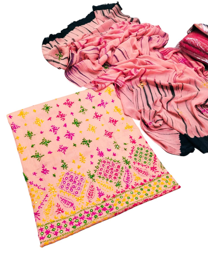 Light pink colour Handmade sindhi boti chawal tanka work collection with tye n dye dupata 3pc suit (shirt dupata &  trouser)