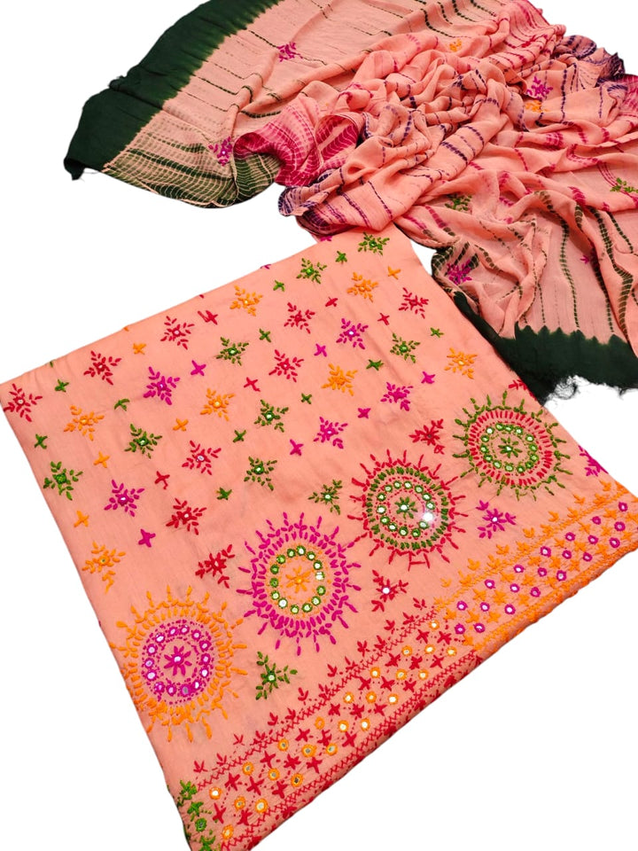 Peach colour Handmade sindhi boti chawal tanka work collection with tye n dye dupata 3pc suit (shirt dupata &  trouser)