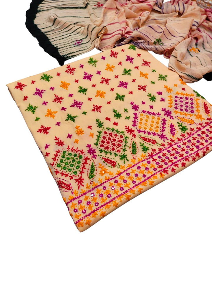 Beige colour Handmade sindhi boti chawal tanka work collection with tye n dye dupata 3pc suit (shirt dupata &  trouser)