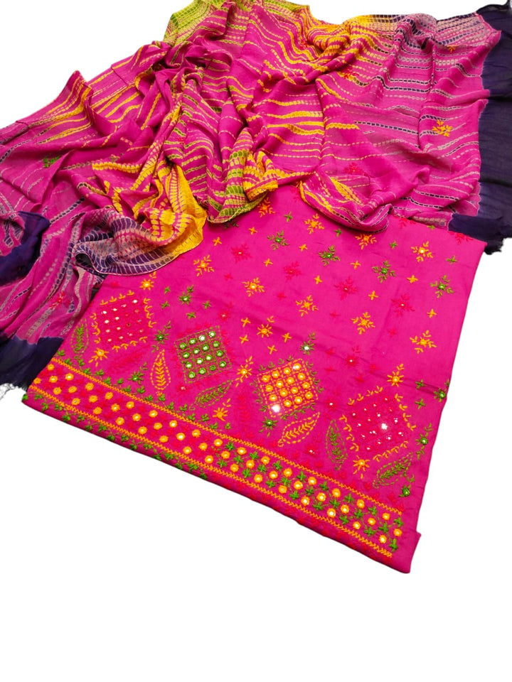 Magenta pink colour Handmade sindhi boti chawal tanka work collection with tye n dye dupata 3pc suit (shirt dupata &  trouser)