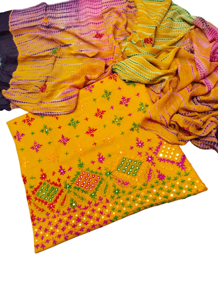 Yellow colour Handmade sindhi boti chawal tanka work collection with tye n dye dupata 3pc suit (shirt dupata &  trouser)