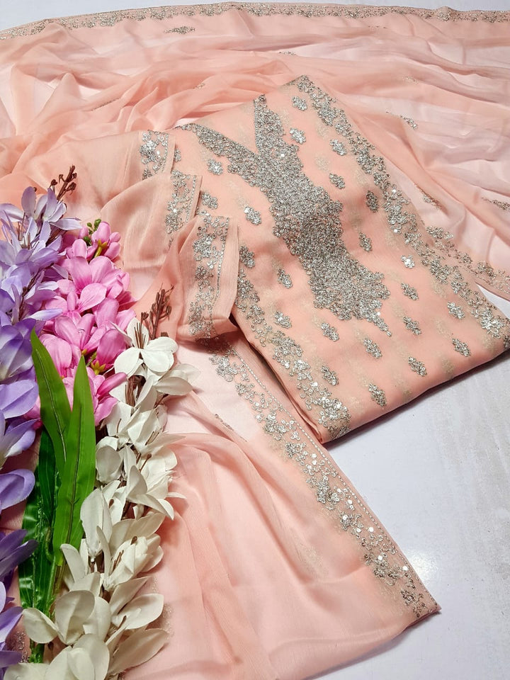 Peach colour Beautiful Silver Embroiderd work  suit collection 2pc shirt & Duppata