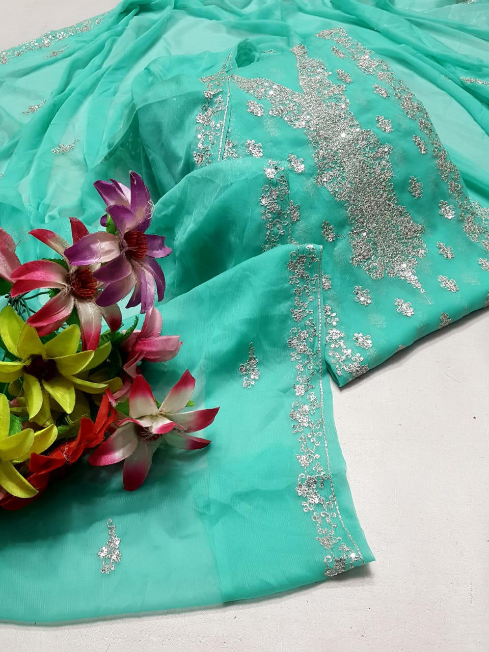 Aqua blue colour Beautiful Silver Embroiderd work  suit collection 2pc shirt & Duppata