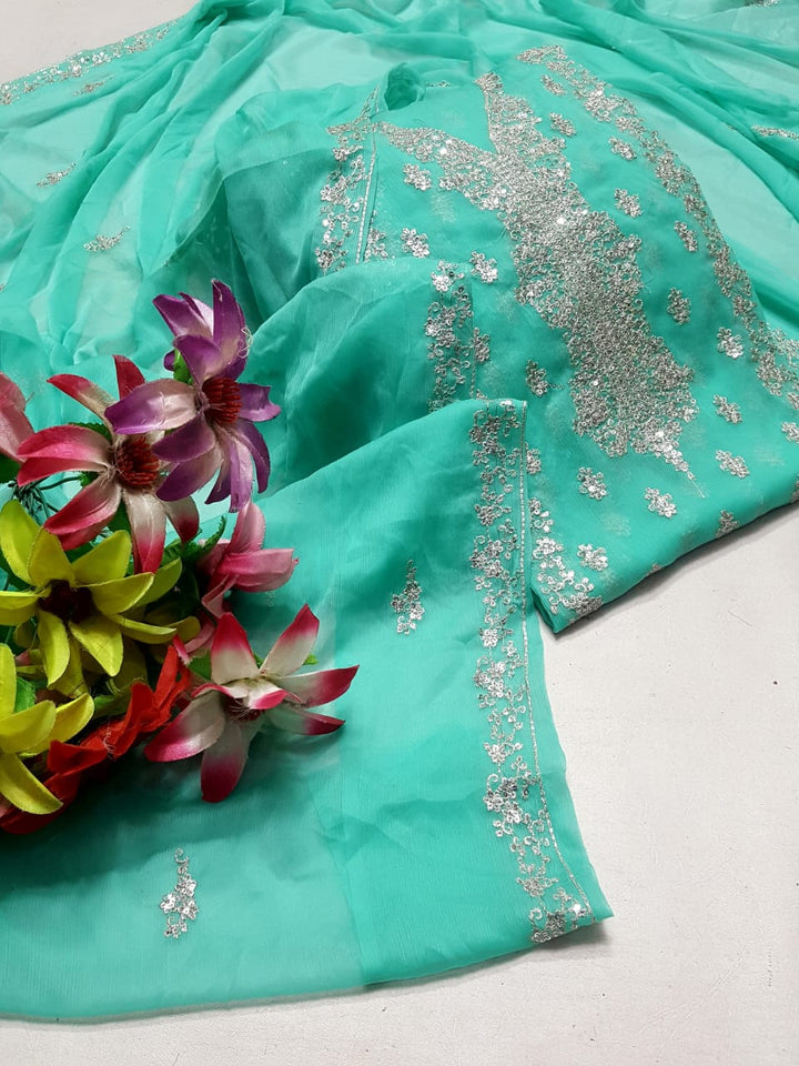 Aqua blue colour Beautiful Silver Embroiderd work  suit collection 2pc shirt & Duppata