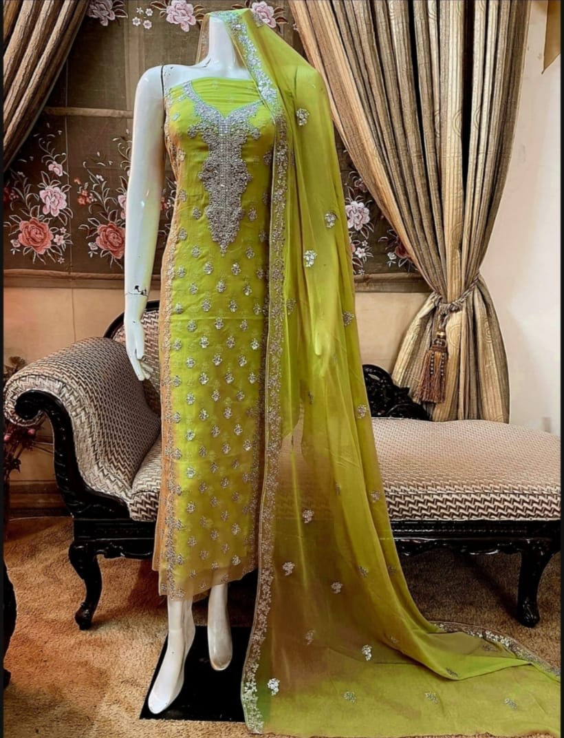 Parrot green colour Beautiful Silver Embroiderd work  suit collection 2pc shirt & Duppata