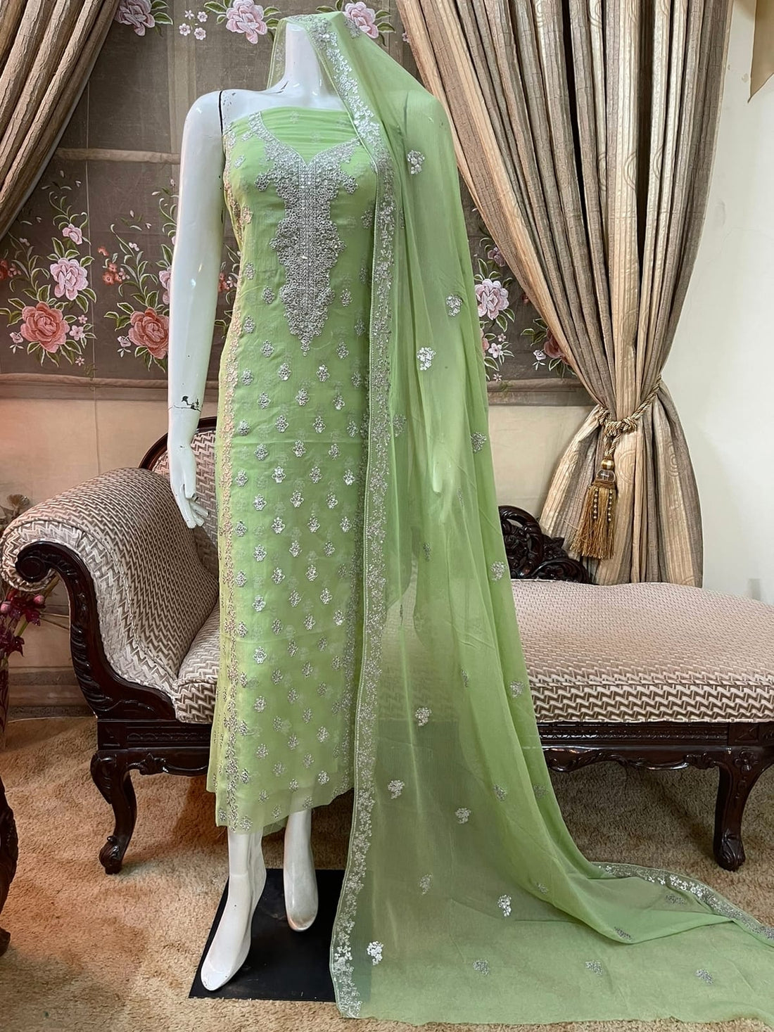 Pista green colour Beautiful Silver Embroiderd work  suit collection 2pc shirt & Duppata