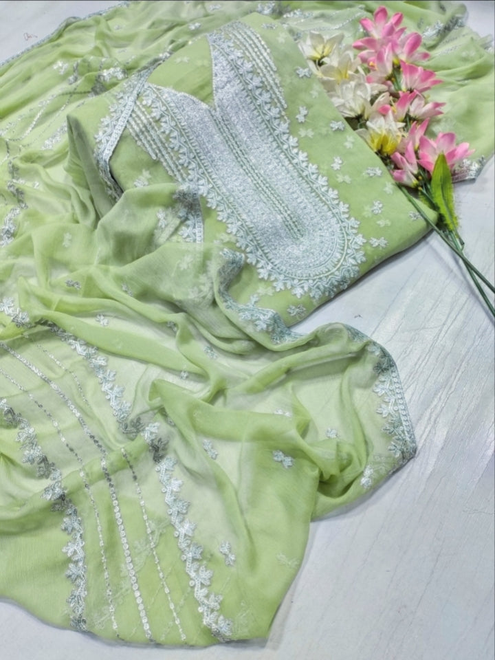Mint green colour Beautiful Silver Embroiderd work  suit collection 2pc shirt & Duppata