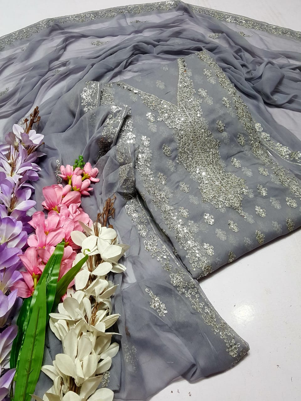 Grey colour Beautiful Silver Embroiderd work  suit collection 2pc shirt & Duppata