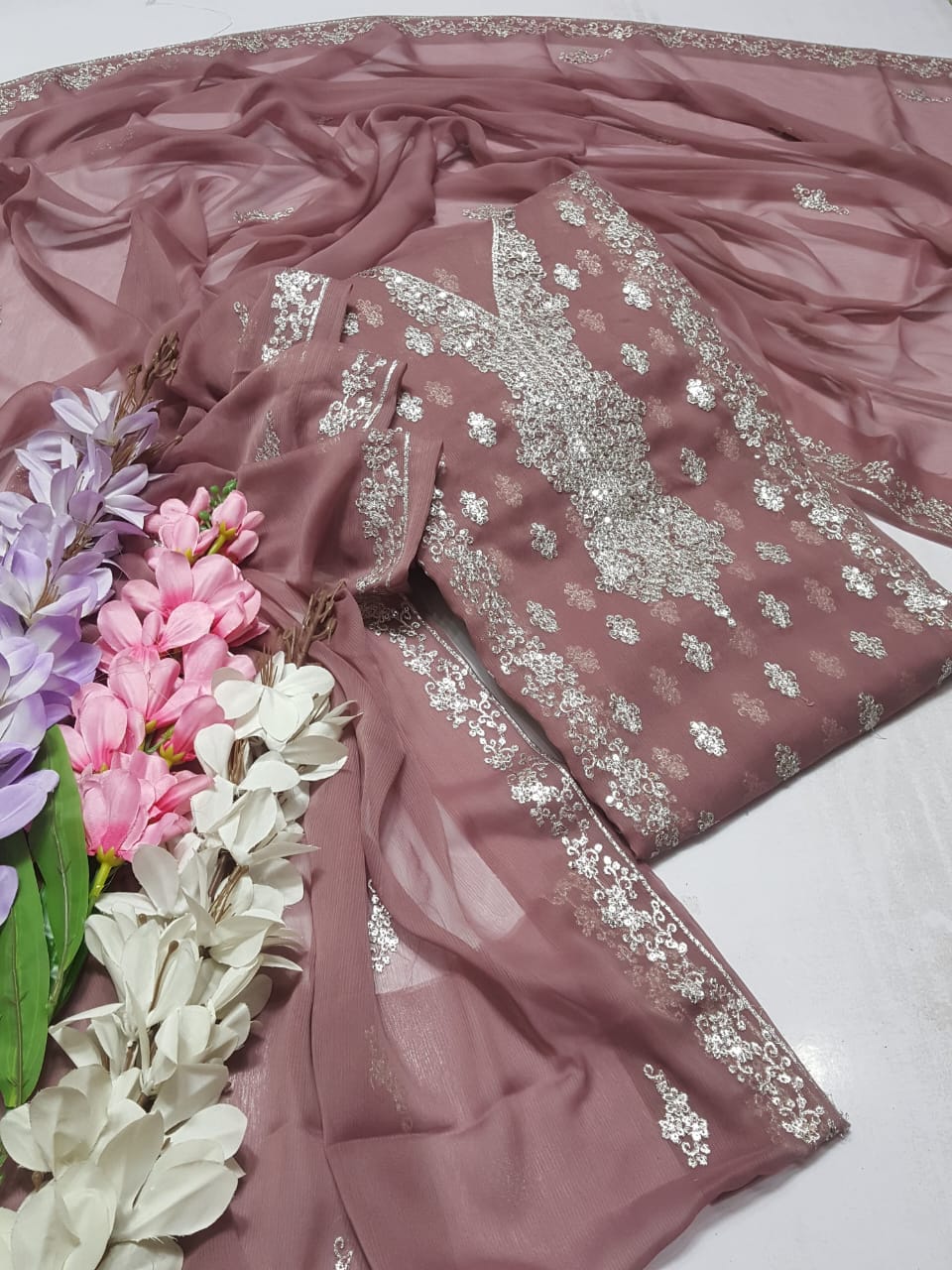 Mauve colour Beautiful Silver Embroiderd work  suit collection 2pc shirt & Duppata
