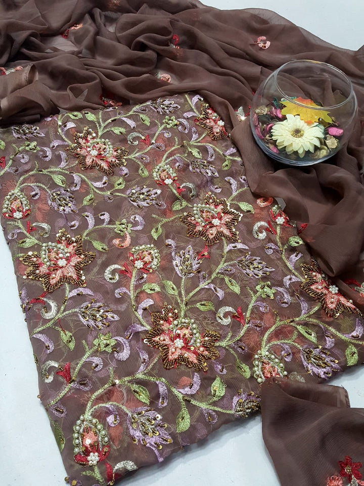 Drak brown colour Speader Luxury Cutdana Handmade Chiffon Collection 2piece Shirt & Duppata