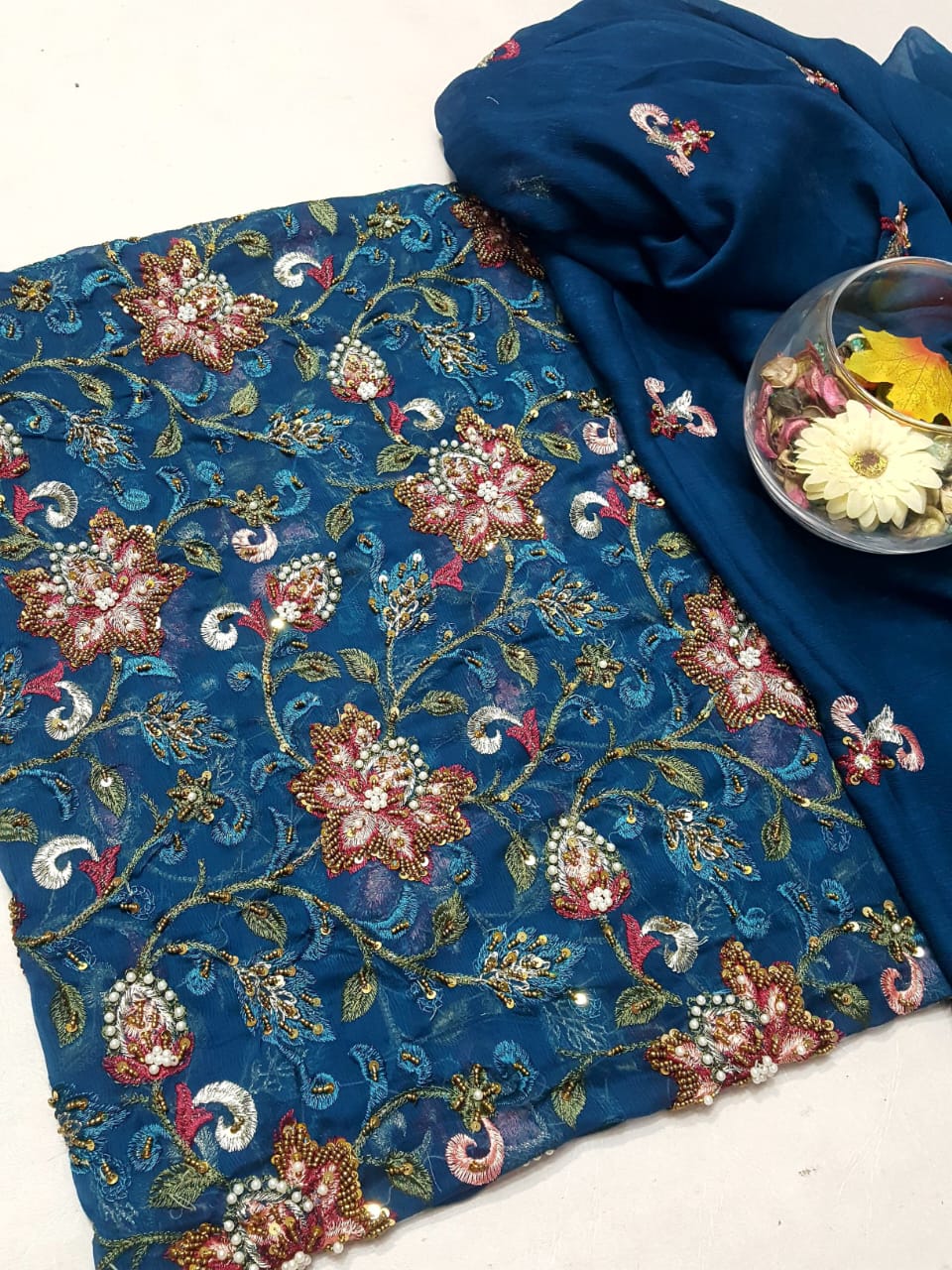 Teal blue colour Speader Luxury Cutdana Handmade Chiffon Collection 2piece Shirt & Duppata