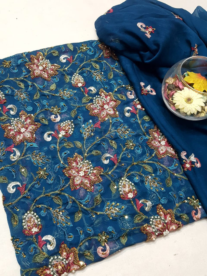 Teal blue colour Speader Luxury Cutdana Handmade Chiffon Collection 2piece Shirt & Duppata