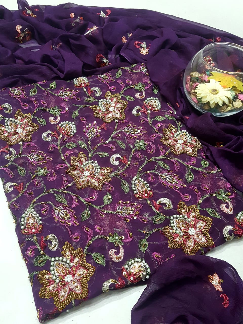 Purple colour Speader Luxury Cutdana Handmade Chiffon Collection 2piece Shirt & Duppata