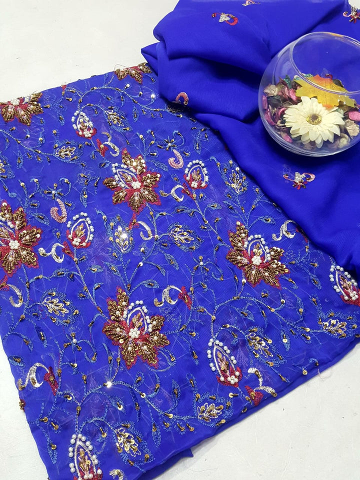 Royal blue colour Speader Luxury Cutdana Handmade Chiffon Collection 2piece Shirt & Duppata