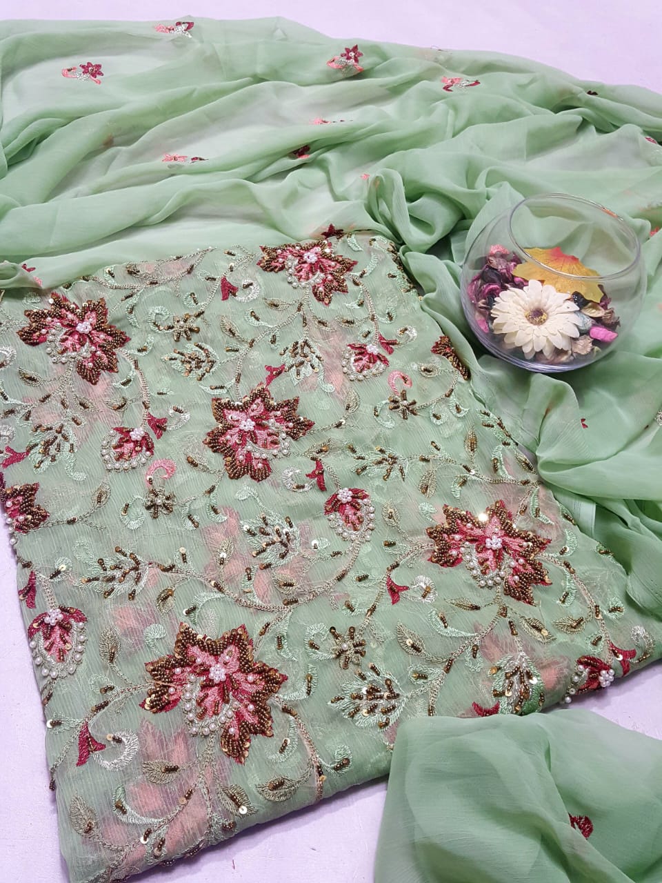 Mint green colour Speader Luxury Cutdana Handmade Chiffon Collection 2piece Shirt & Duppata