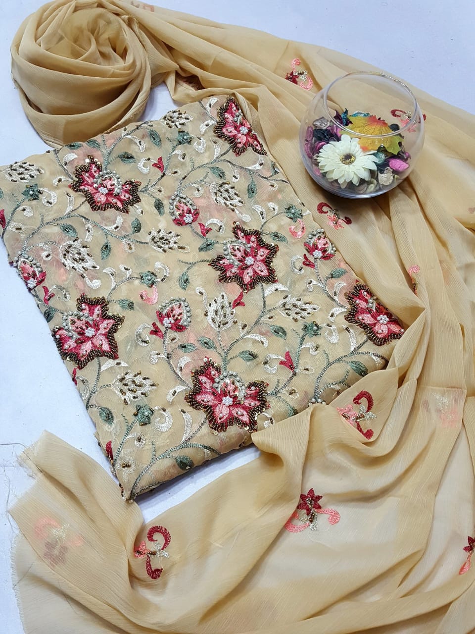 Beige colour Speader Luxury Cutdana Handmade Chiffon Collection 2piece Shirt & Duppata