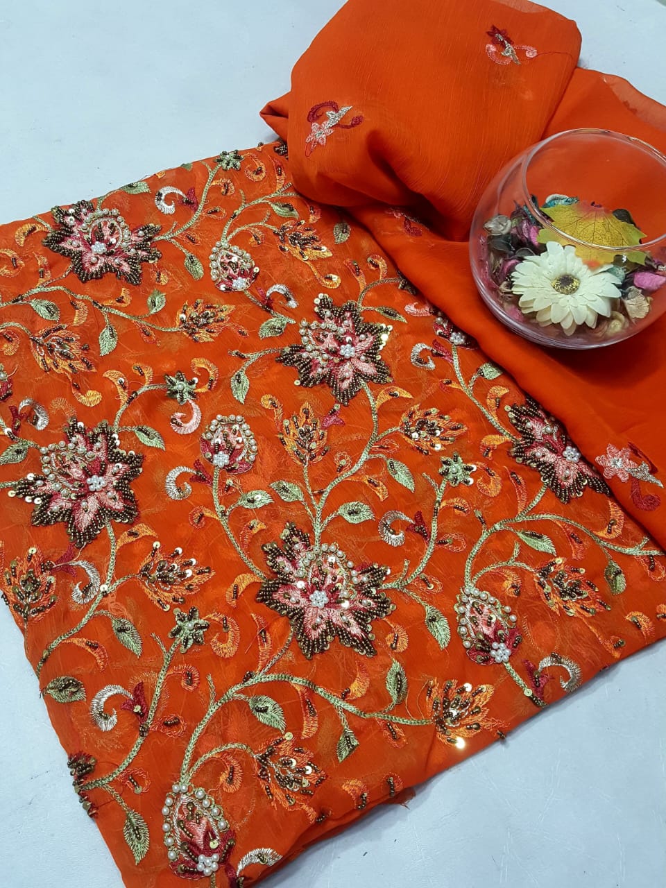 Orange colour Speader Luxury Cutdana Handmade Chiffon Collection 2piece Shirt & Duppata