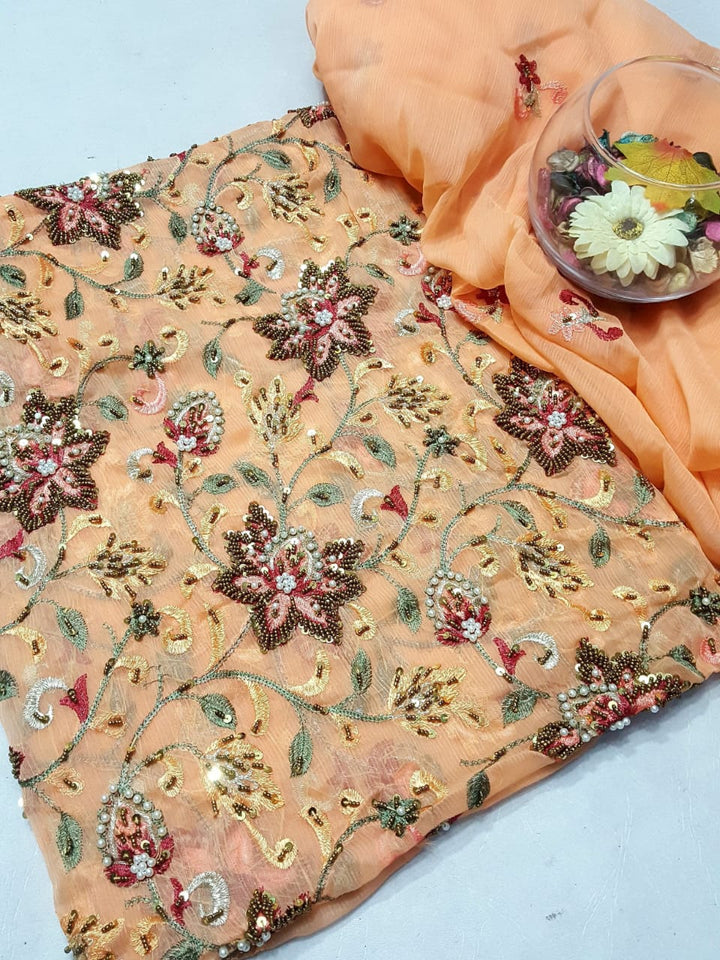 Peach colour Speader Luxury Cutdana Handmade Chiffon Collection 2piece Shirt & Duppata