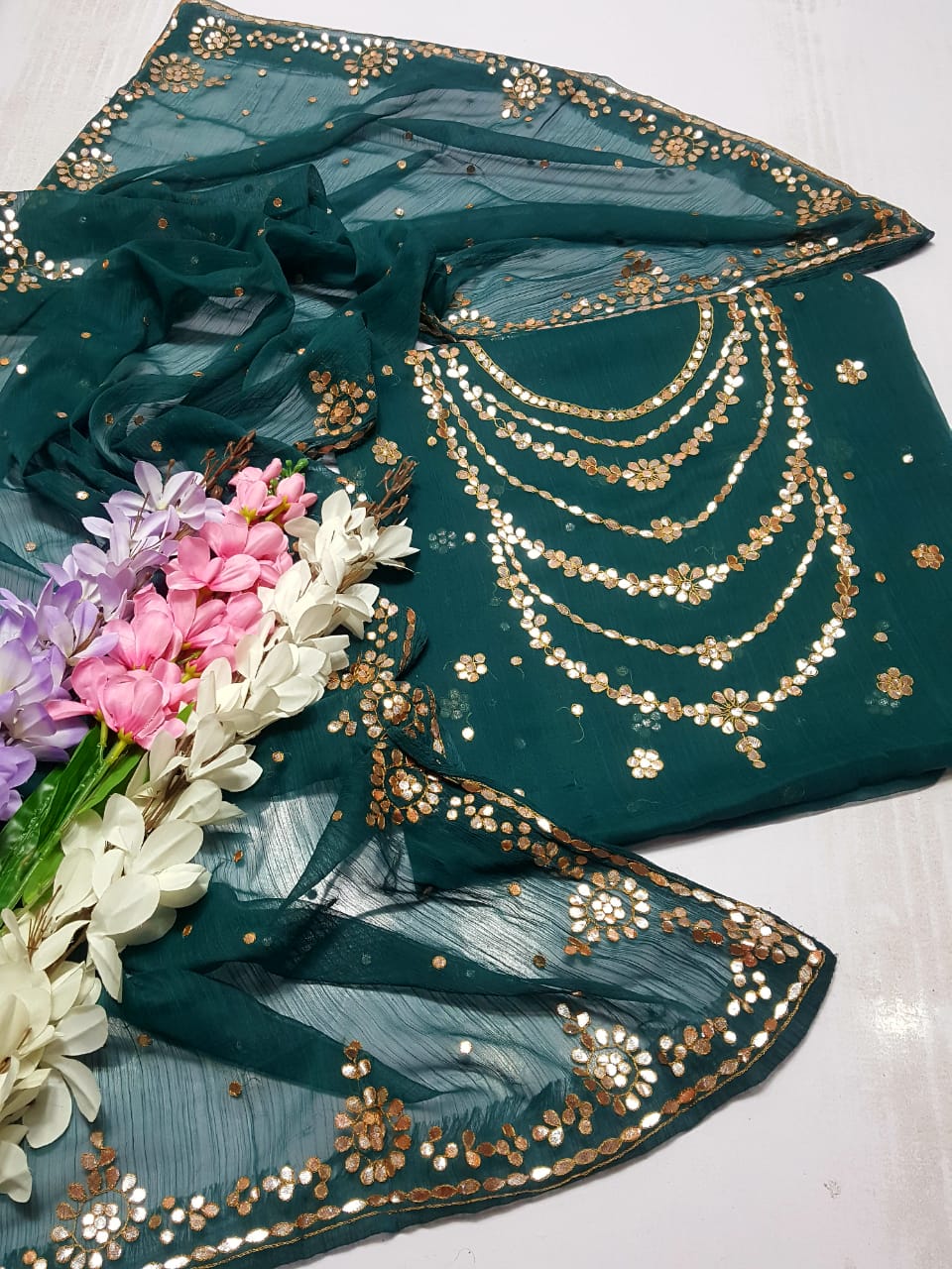 Teal green colour HAND EMBROIDERED PRESS GOTTA WORK GALA Daman New Style Shirt & FULL JAAL DUPPATA