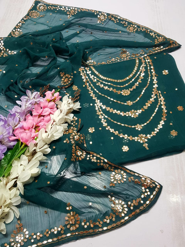 Teal green colour HAND EMBROIDERED PRESS GOTTA WORK GALA Daman New Style Shirt & FULL JAAL DUPPATA