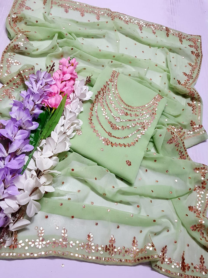 Light green colour HAND EMBROIDERED PRESS GOTTA WORK GALA Daman New Style Shirt & FULL JAAL DUPPATA