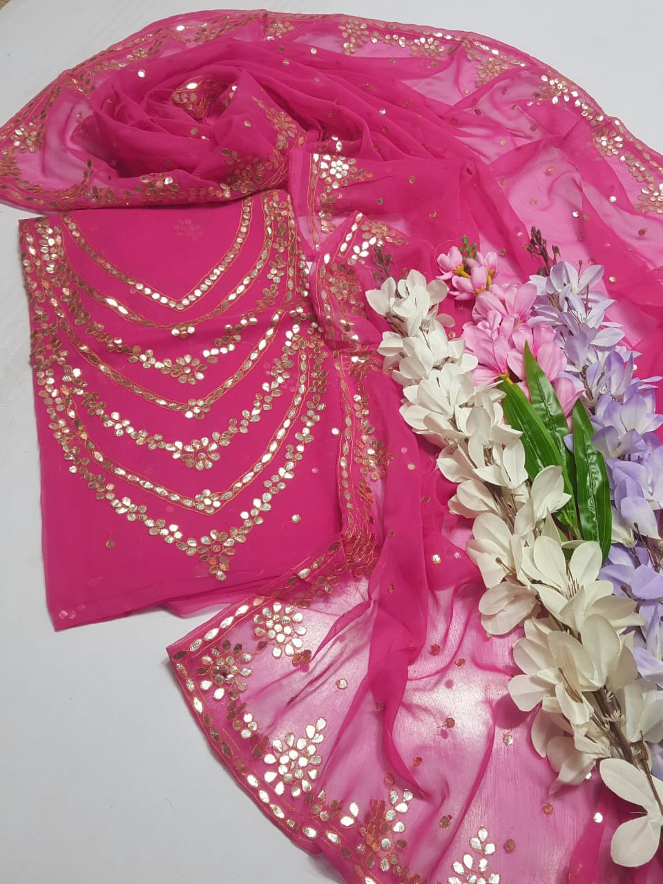 Pink colour HAND EMBROIDERED PRESS GOTTA WORK GALA Daman New Style Shirt & FULL JAAL DUPPATA