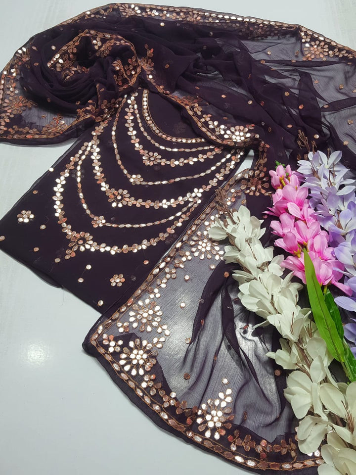 Purple plum colour HAND EMBROIDERED PRESS GOTTA WORK GALA Daman New Style Shirt & FULL JAAL DUPPATA