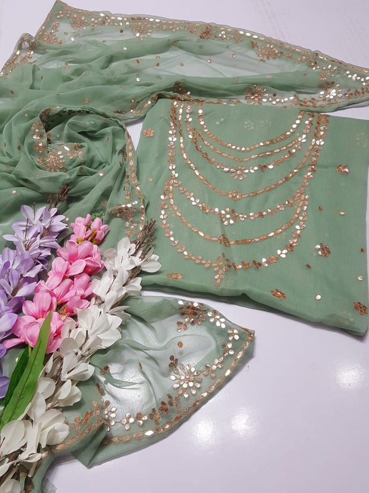 Mint green colour HAND EMBROIDERED PRESS GOTTA WORK GALA Daman New Style Shirt & FULL JAAL DUPPATA