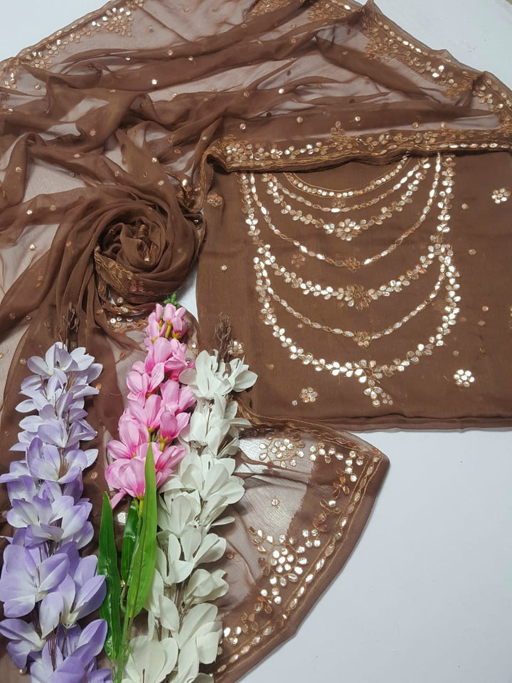Brown colour HAND EMBROIDERED PRESS GOTTA WORK GALA Daman New Style Shirt & FULL JAAL DUPPATA