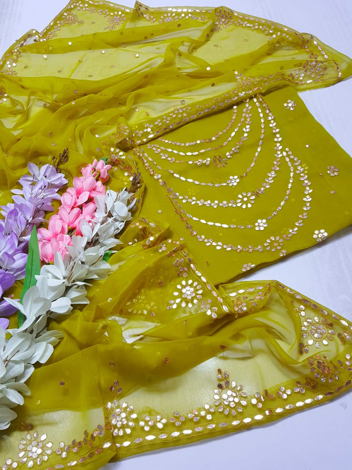 Mustard yellow colour HAND EMBROIDERED PRESS GOTTA WORK GALA Daman New Style Shirt & FULL JAAL DUPPATA