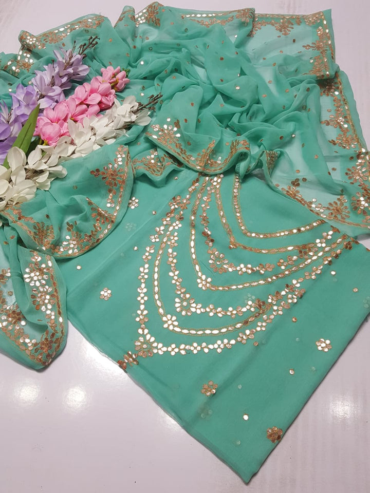Aqua blue colour HAND EMBROIDERED PRESS GOTTA WORK GALA Daman New Style Shirt & FULL JAAL DUPPATA