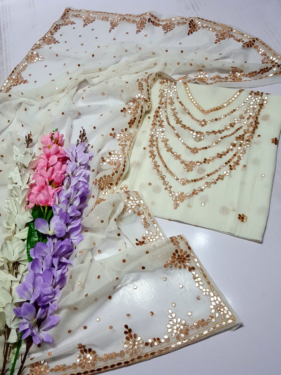 White colour HAND EMBROIDERED PRESS GOTTA WORK GALA Daman New Style Shirt & FULL JAAL DUPPATA