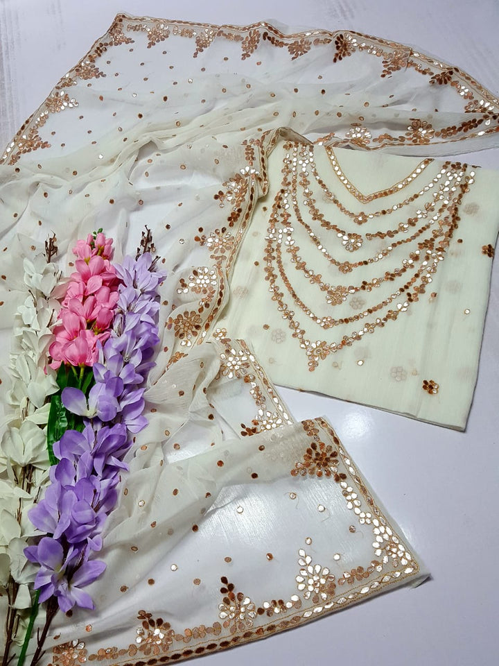 White colour HAND EMBROIDERED PRESS GOTTA WORK GALA Daman New Style Shirt & FULL JAAL DUPPATA
