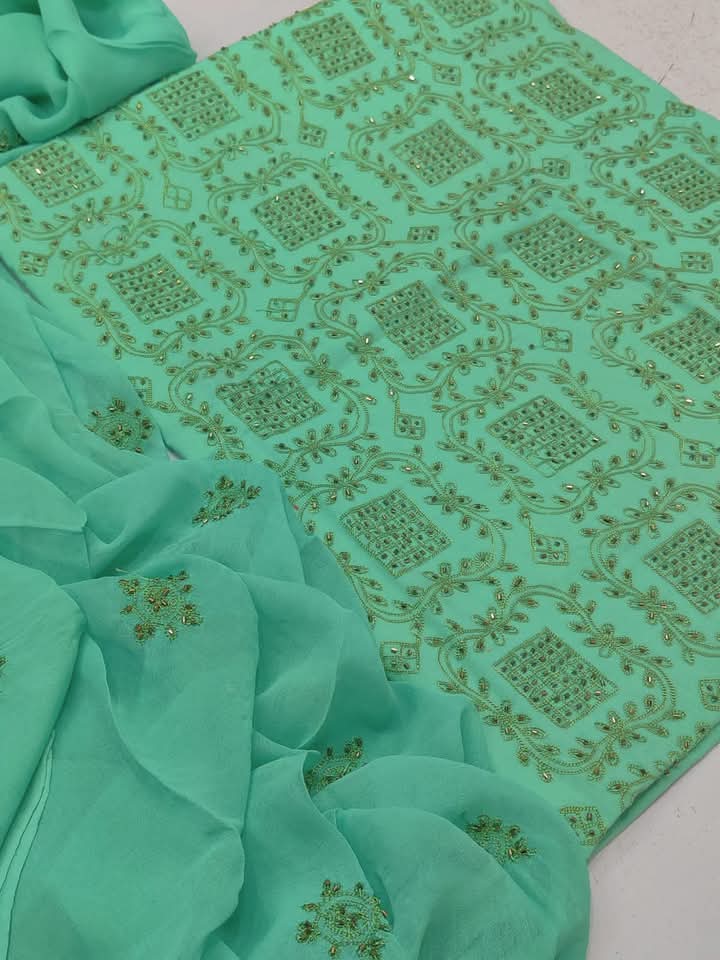 Light green colour Handmade cut dana work collection 3pcsuit (shirt dupata &   trouser)