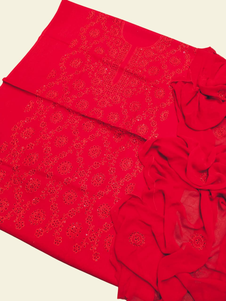 Crimson red colour Handmade cut dana work collection 3pcsuit (shirt dupata &   trouser)