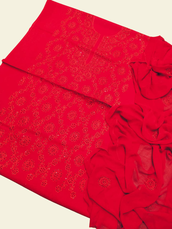 Crimson red colour Handmade cut dana work collection 3pcsuit (shirt dupata &   trouser)